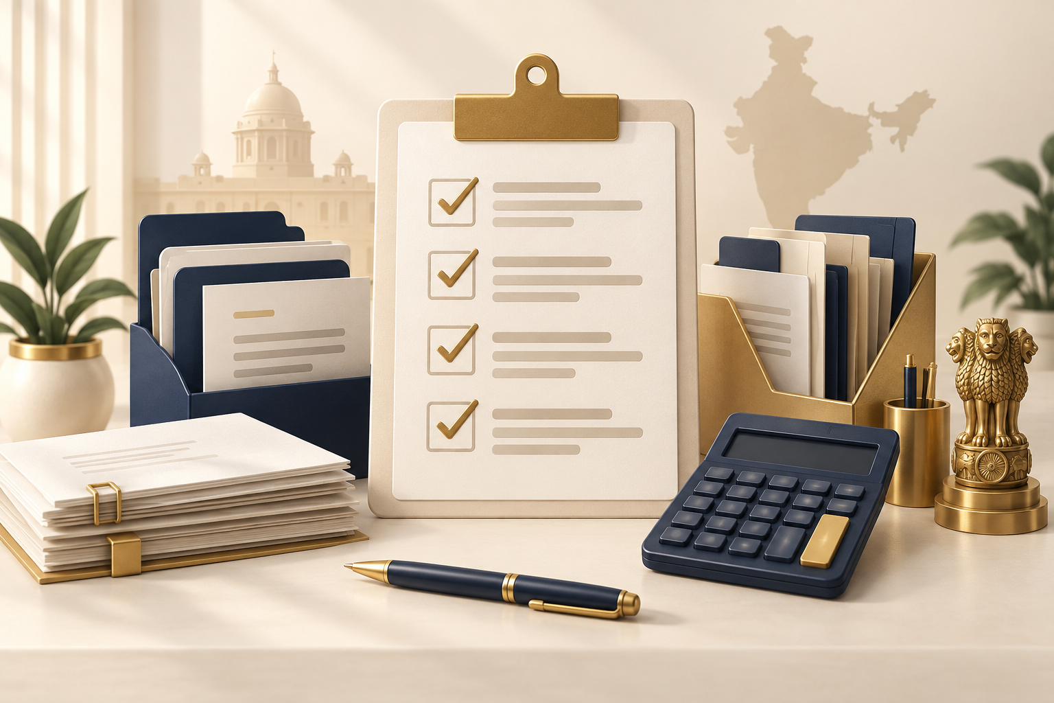 Filing checklist with organized documents, a calculator and pen