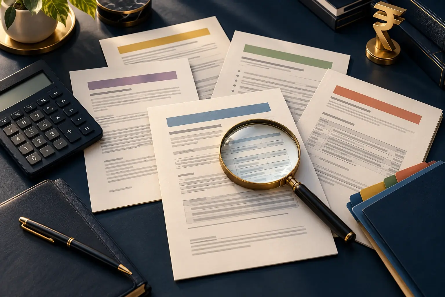 Several tax notice documents arranged with a magnifying glass, calculator and rupee symbol