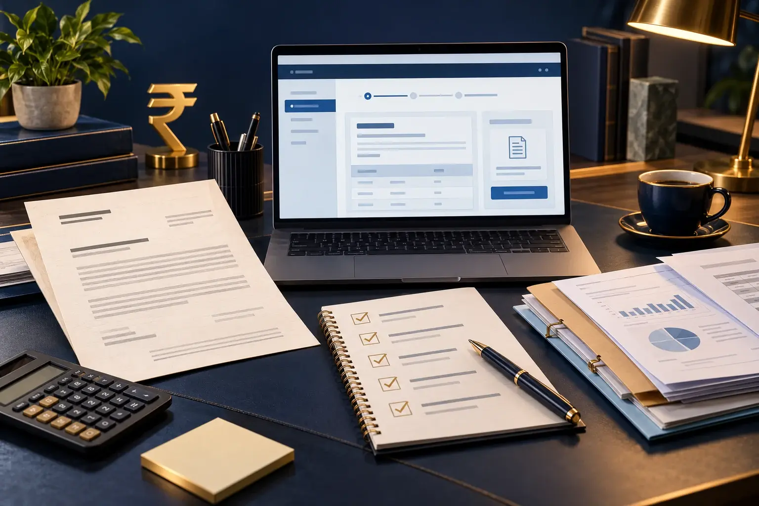 Laptop, tax notice, checklist and supporting records arranged for an online income tax response