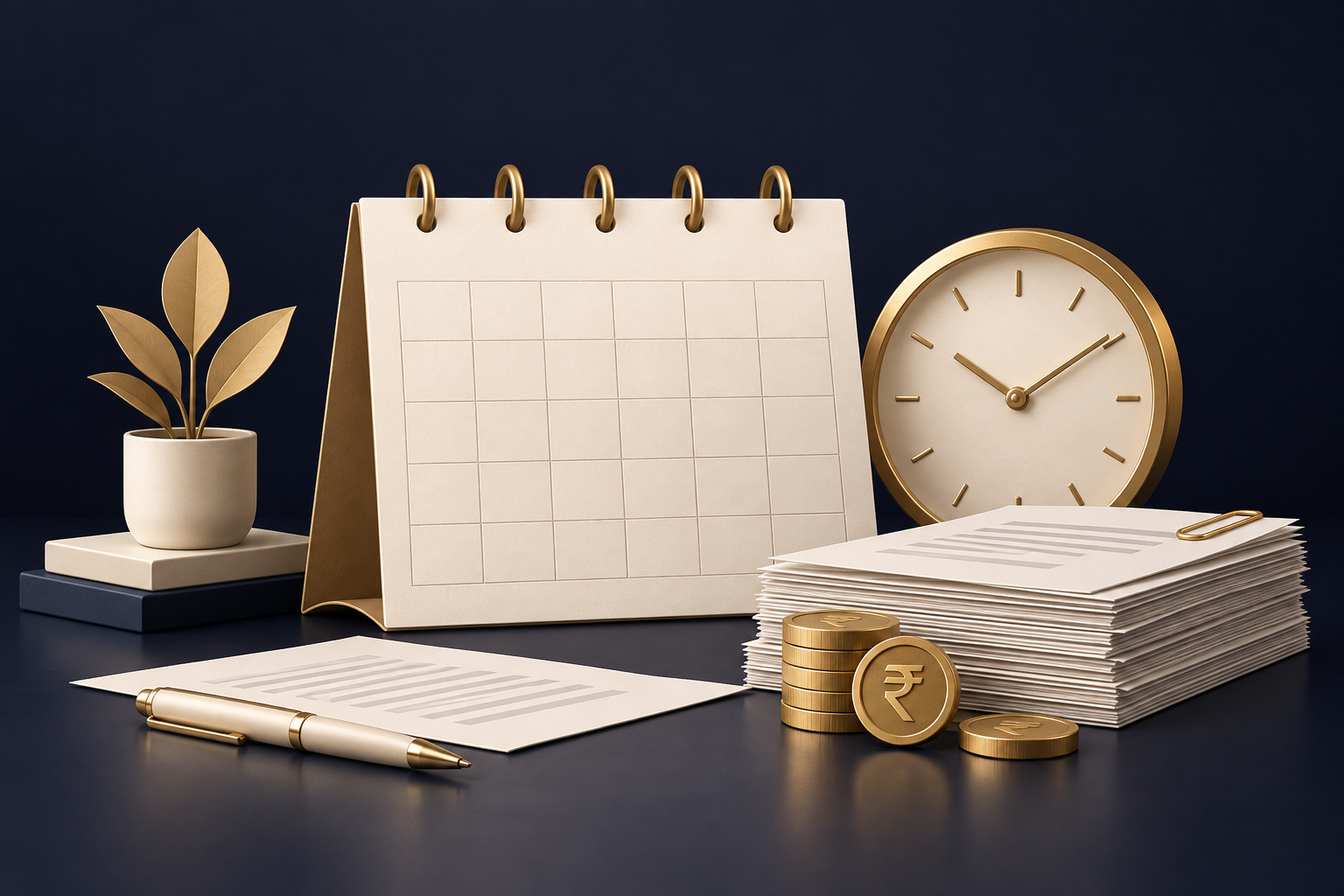 Calendar, gold clock and tax documents with rupee coins on a navy desk