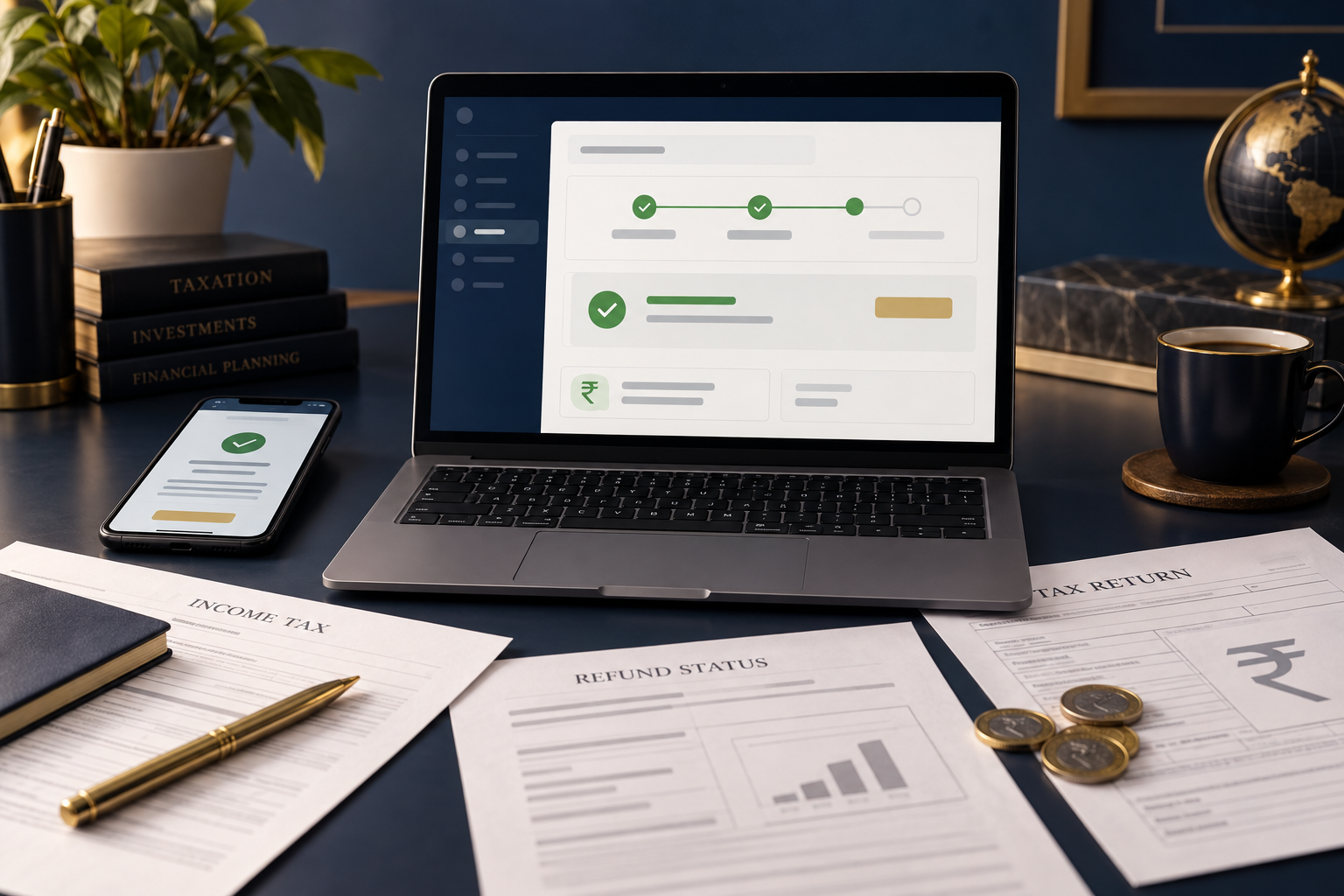 Laptop showing a refund status dashboard beside tax documents, a phone and rupee coins